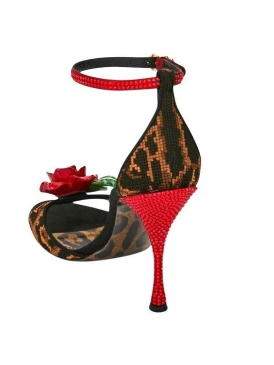 Leopard Crystal Rose Heels Sandals Pumps KEIRA Beige Black Size 39.5 IT 8.5 US - Picture 4 of 8